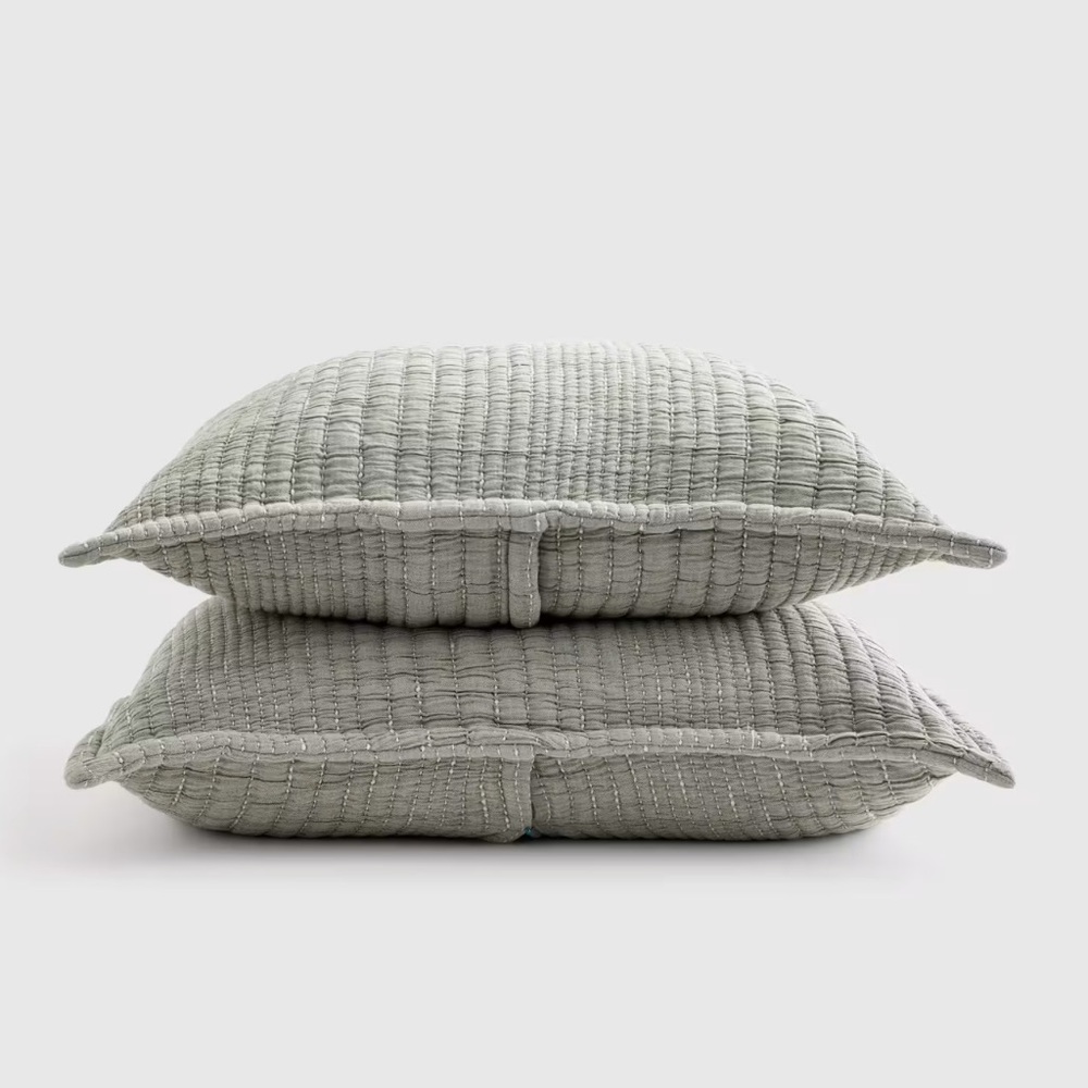 NWOT QUINCE Organic Cotton Channel Stitch Sham Set King Green 5866